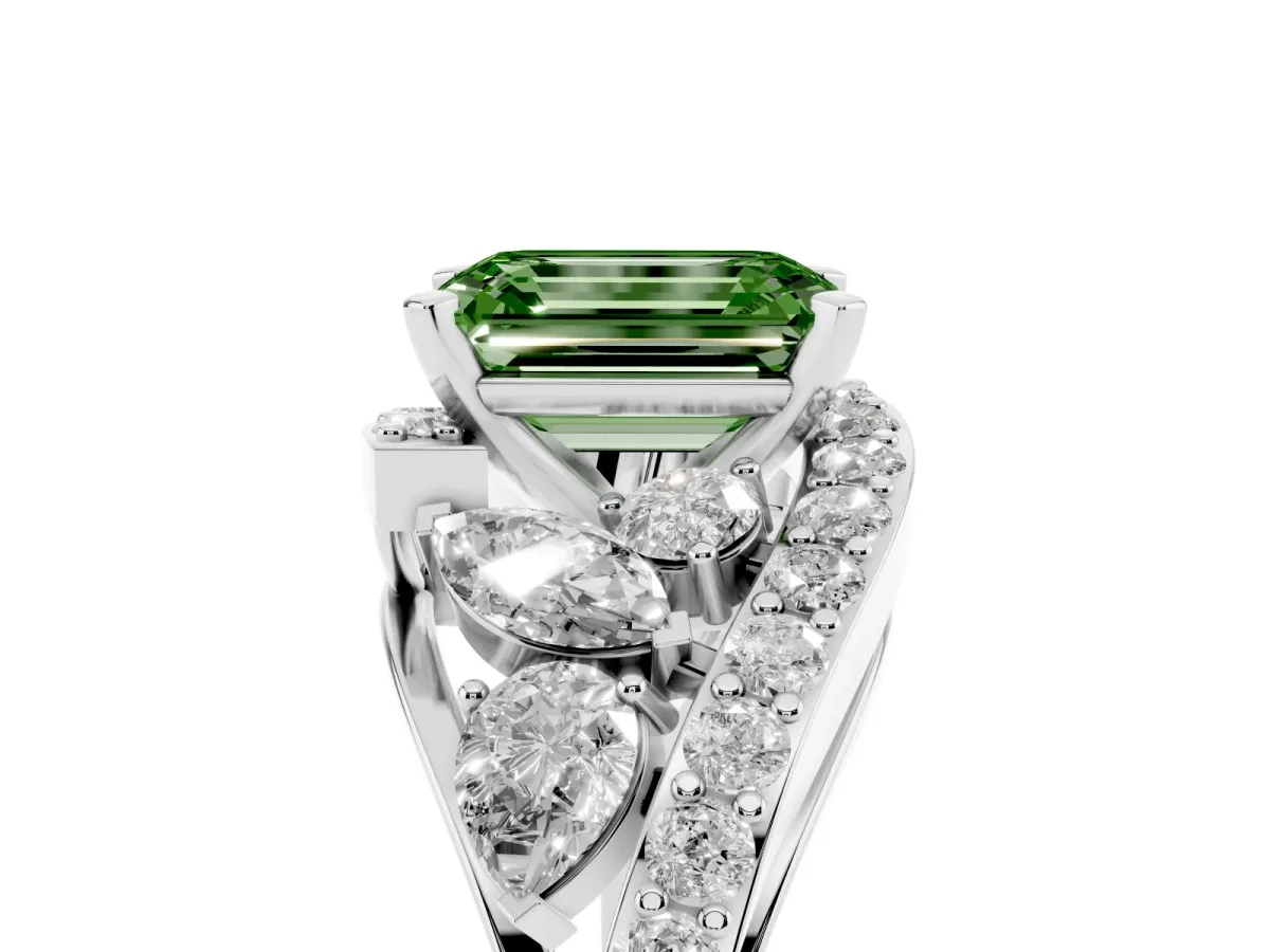 Fancy Green Emerald Cut Diamond Halo Ring with Marquise and Pavé Band in Prong Setting Silver