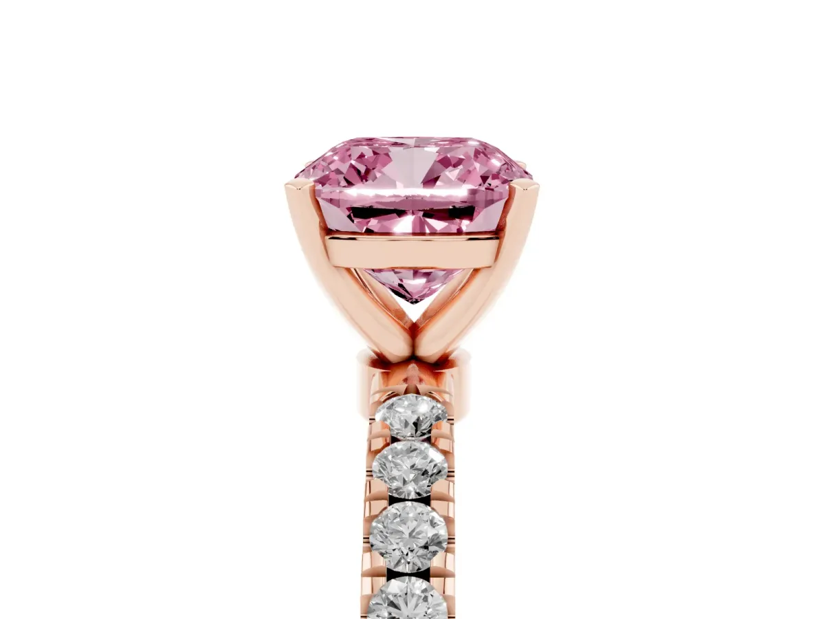 Fancy Pink Cushion Cut Diamond Solitaire Ring with Pavé Accents and Four-Prong Setting Rose gold