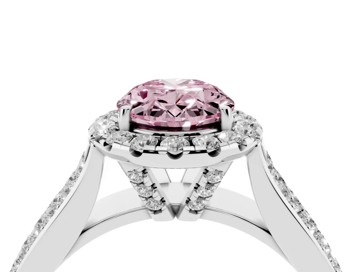 Fancy Pink Oval Cut Halo Round Diamond Pave Band with Prong Setting Silver