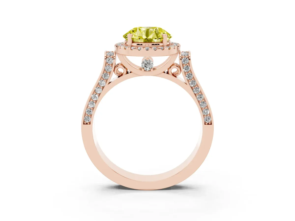 Fancy Yellow Round Cut Halo Pave Split Shank Prong Setting Ring Rose gold