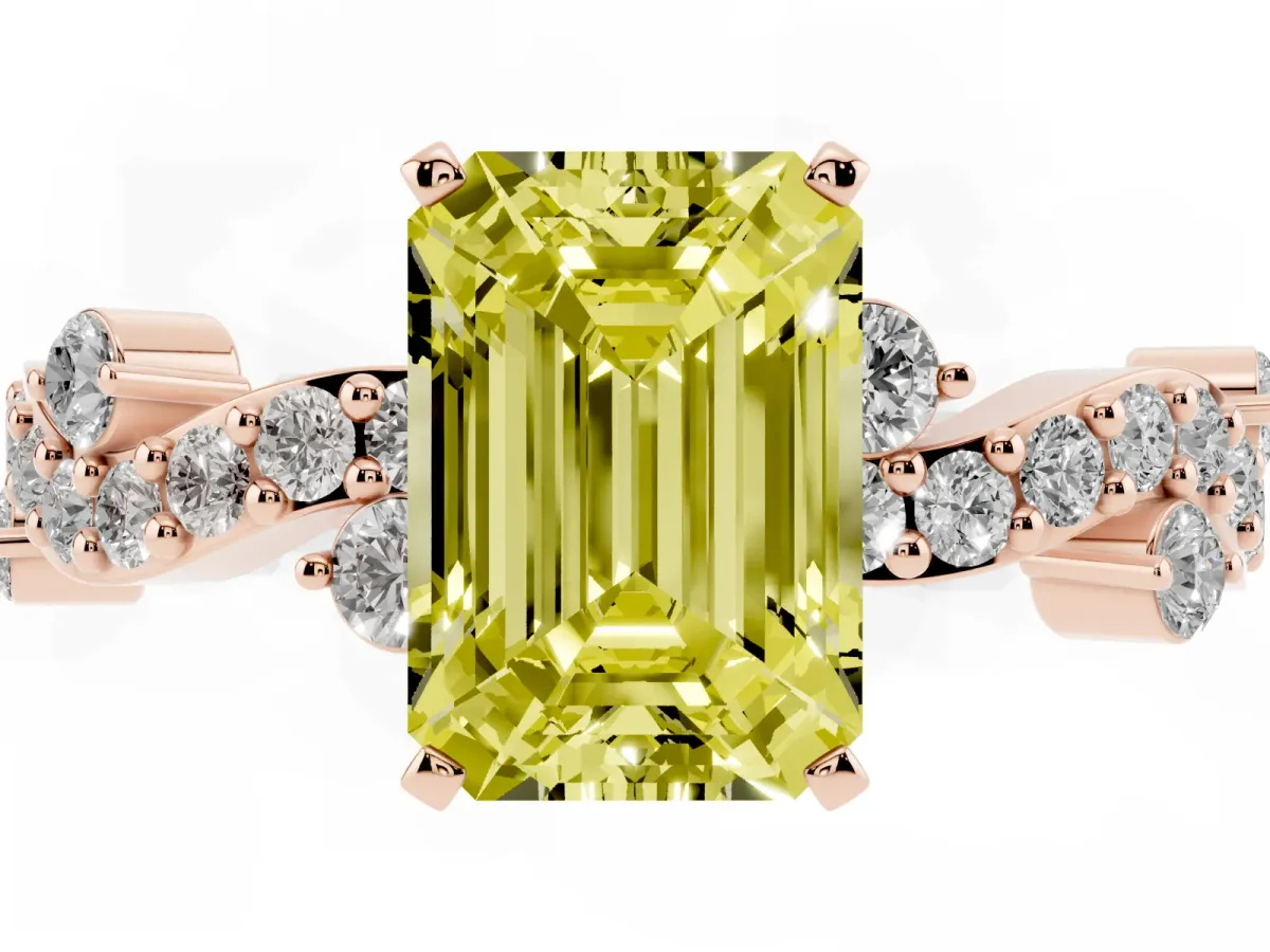 Fancy Yellow Emerald Cut Cut Solitaire Diamond Twisted Band with Pave Setting Rose gold