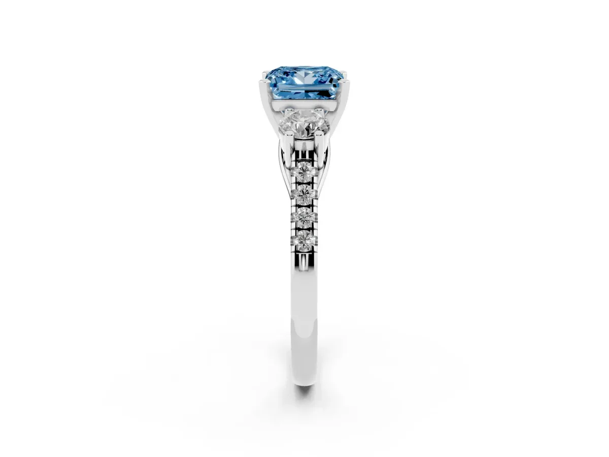 Fancy Blue Three-Stone Princess Cut Diamond Pavé Band with Four-Prong Setting Silver