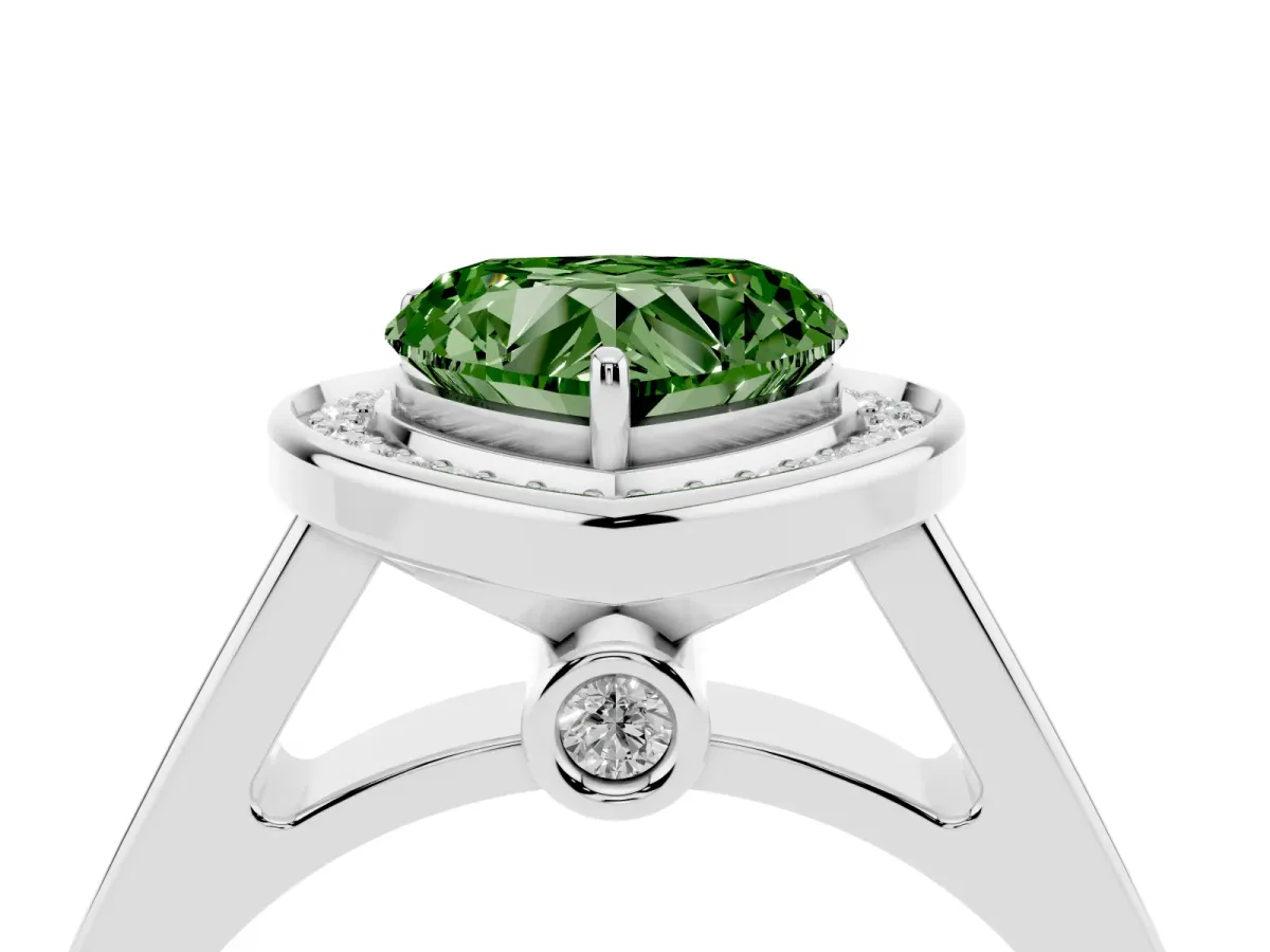 Fancy Green Heart Cut Halo Solitaire Diamond Ring with Pave Band and Bezel Setting Platinum