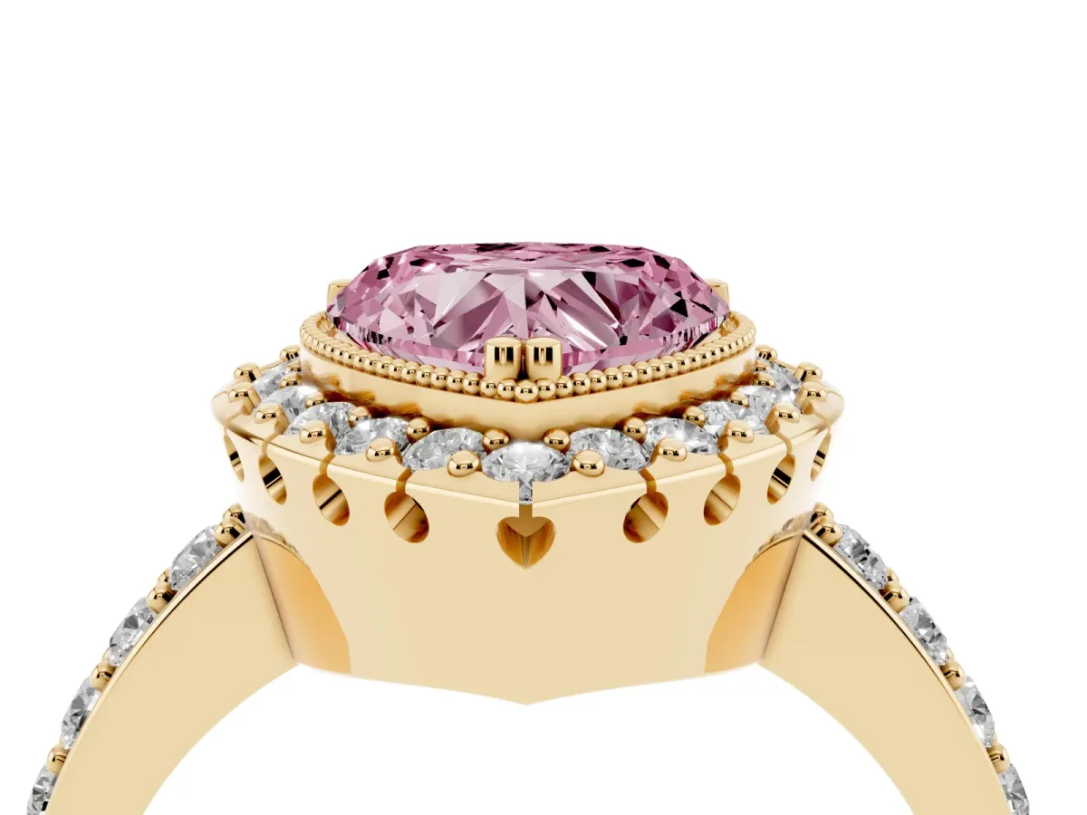 Fancy Pink Heart Cut Diamond Halo Ring with Pavé Band and Prong Setting Yellow gold