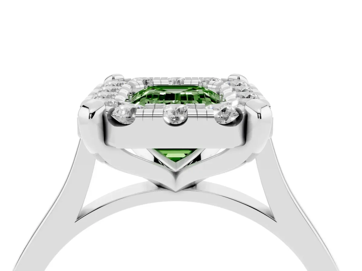 Fancy Green Emerald Cut Diamond Cluster Halo Solitaire with Four-Prong Setting Platinum