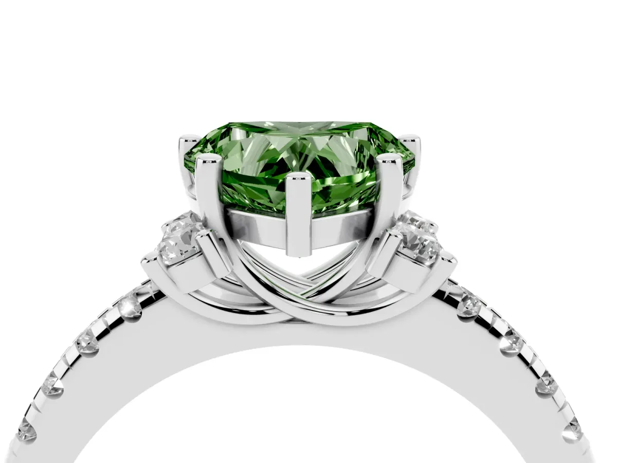 Fancy Green Heart Cut Diamond Three-Stone Pave Band with Four-Prong Setting Silver