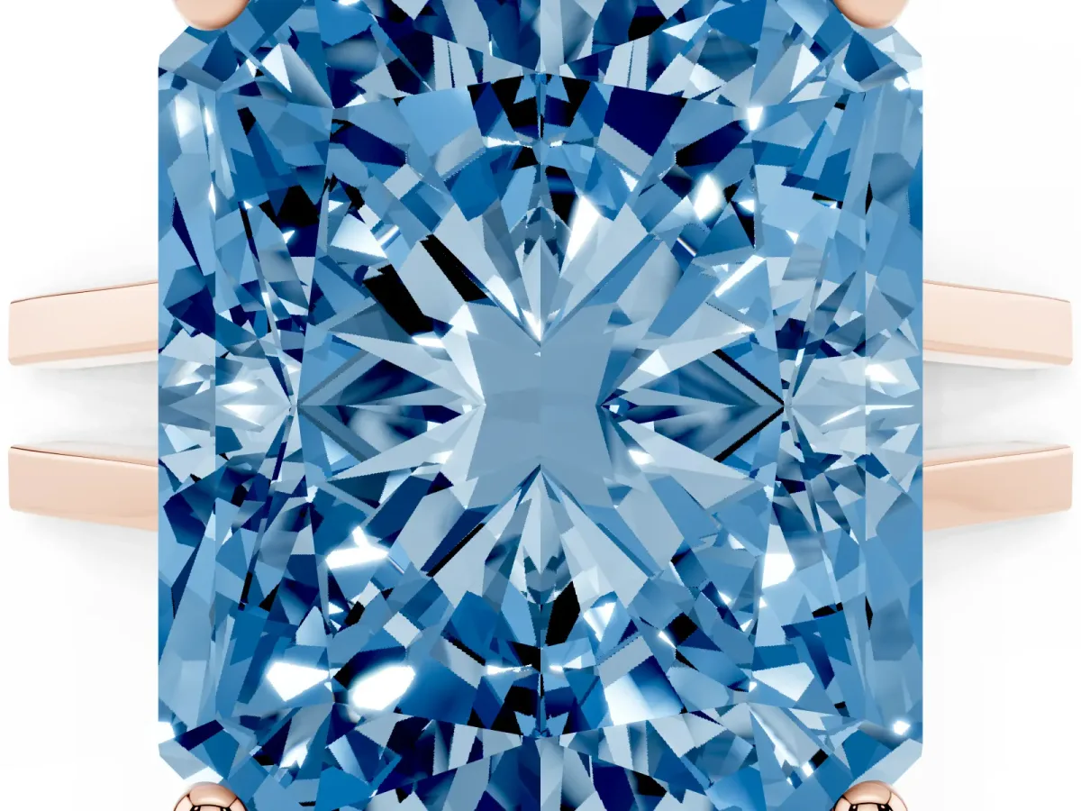 Fancy Blue Radiant Cut Cut Diamond Solitaire Engagement Ring with Tapered Plain Band and Four-Prong Setting Rose gold