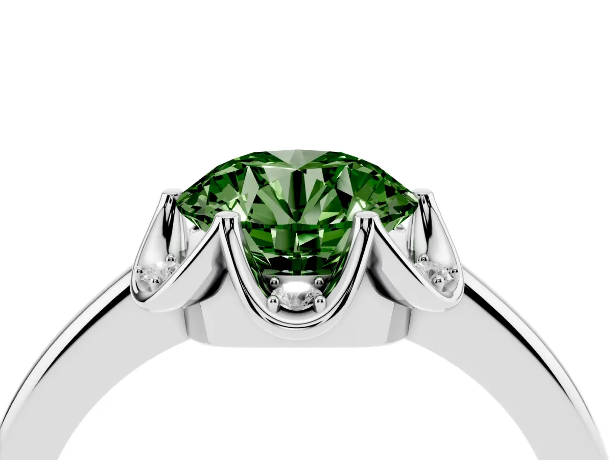 Fancy Green Round Cut Halo Diamond Ring with Round Cluster Setting, Solitaire Band, and Four-Prong Setting Silver