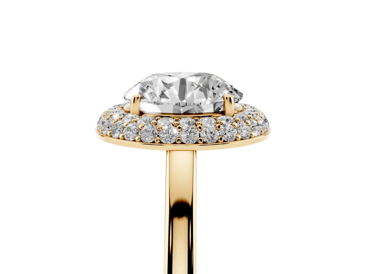Round Cut Halo Diamond Engagement Ring with Solitaire Band and Four-Prong Setting Yellow gold