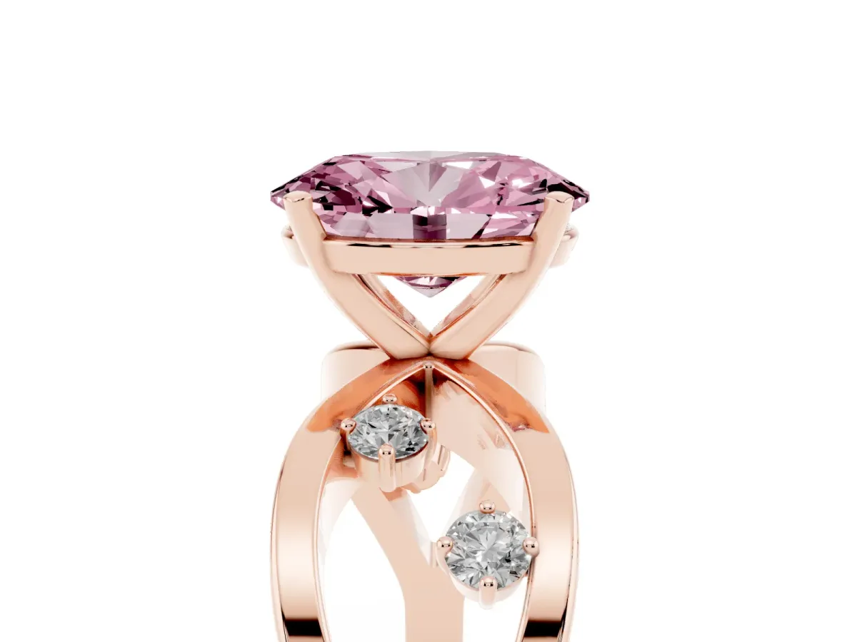 Fancy Pink Oval Cut Cut Solitaire Diamond with Side Stones on Criss-Cross Band and Four-Prong Setting Rose gold