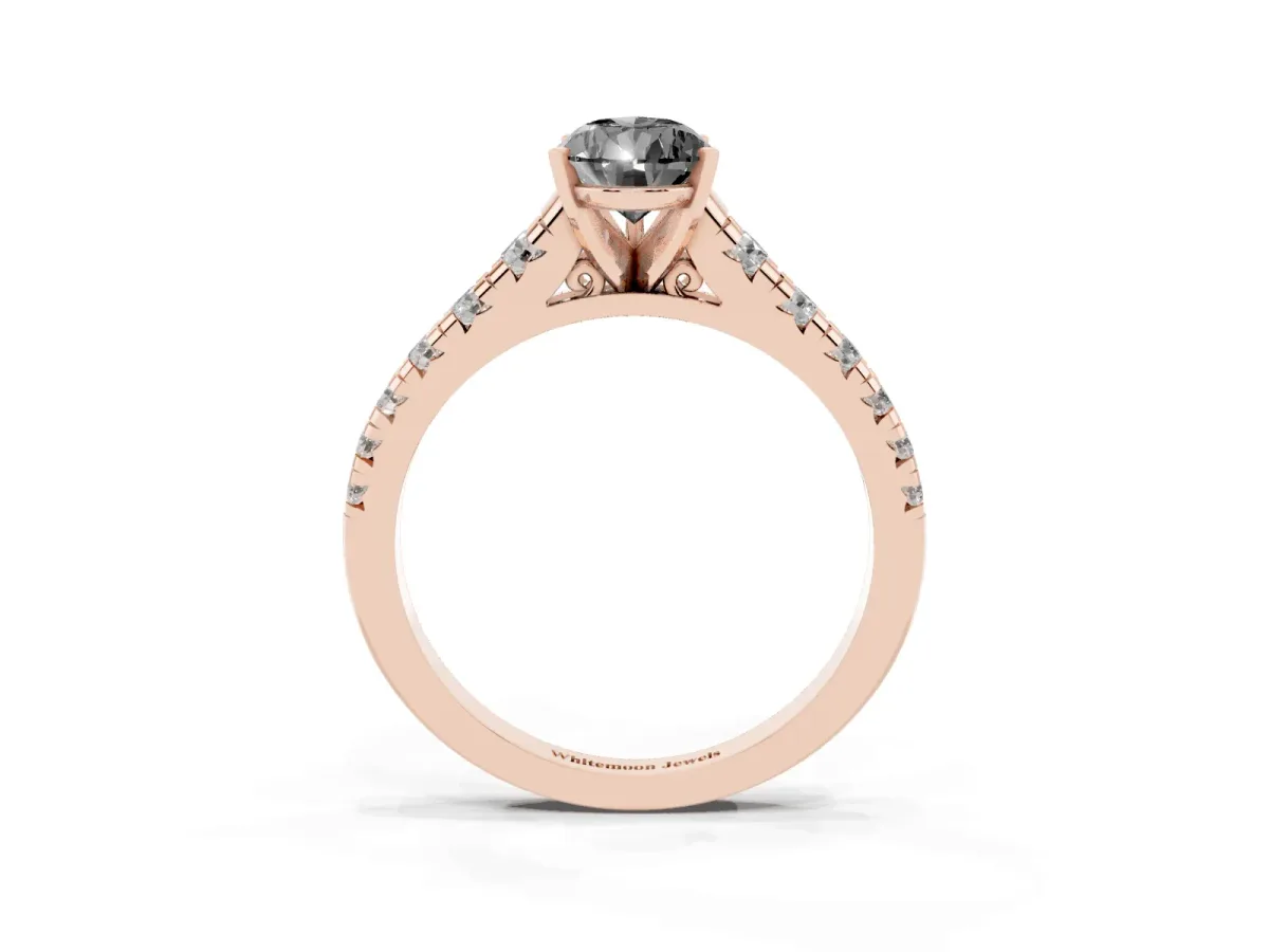 Fancy Black Pear Cut Diamond Cathedral Solitaire Ring with Round Pavé Band Rose gold