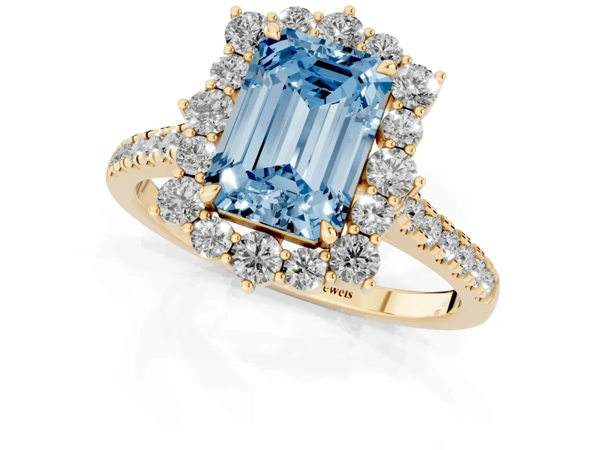 Fancy Blue Emerald Cut Halo Diamond Ring with Pavé Band and Prong Setting Yellow gold