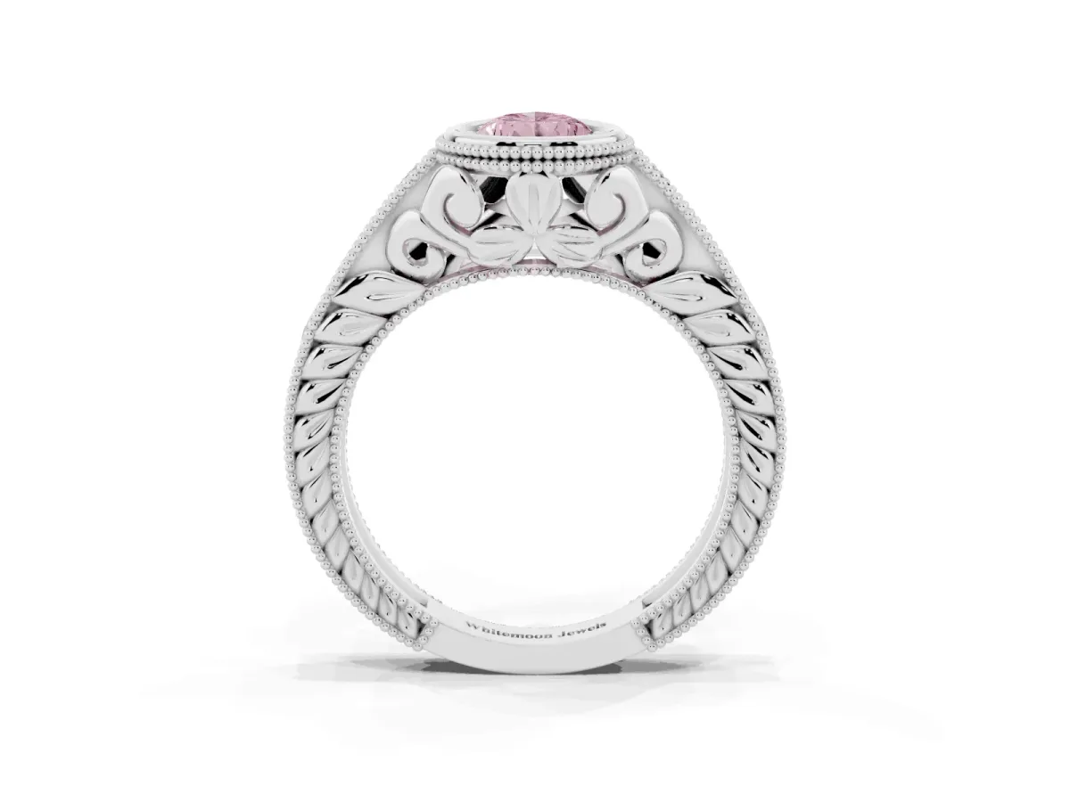 Fancy Pink Bezel Set Pear Cut Diamond Milgrain Pave Engagement Ring Platinum