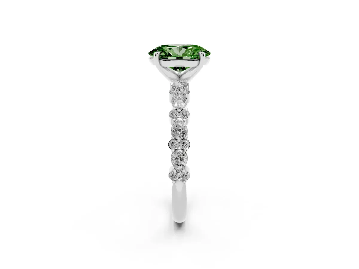 Fancy Green Oval Cut Diamond Side Stone Solitaire Ring with Round and Four-Prong Setting Silver