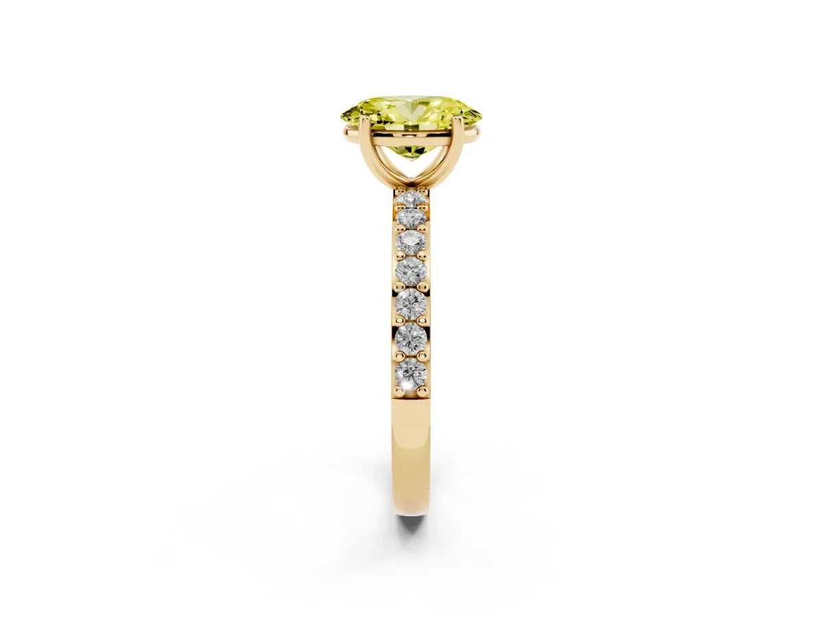 Fancy Yellow Oval Cut Cut Diamond Solitaire with Pave Band and Four-Prong Setting Yellow gold