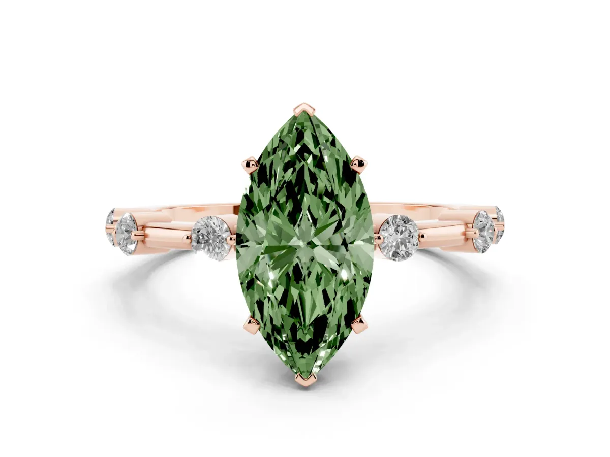 Fancy Green Marquise Cut Solitaire Diamond Ring with Bezel Set Side Stones and Prong Setting Rose gold