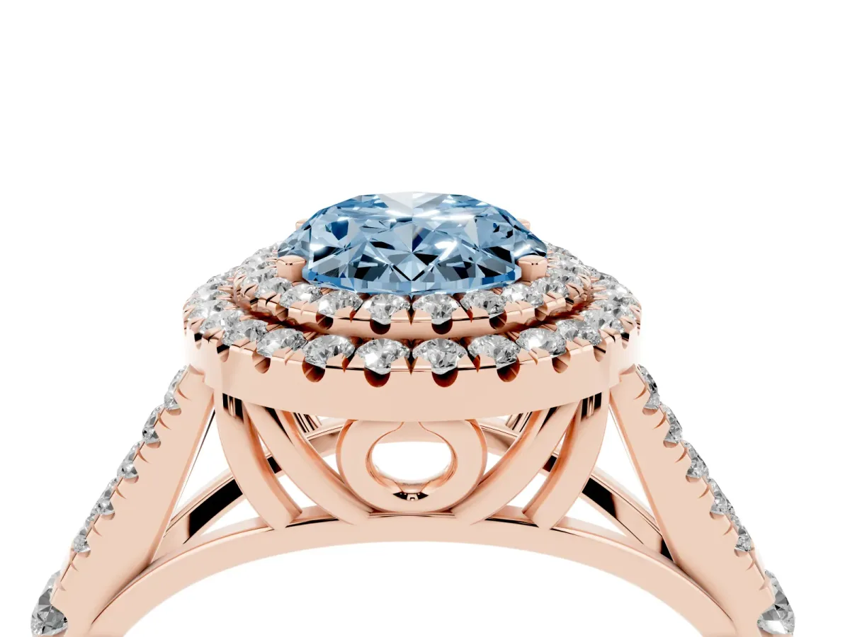 Fancy Blue Double Halo Oval Cut Diamond Split Shank Engagement Ring with Four-Prong Setting Rose gold