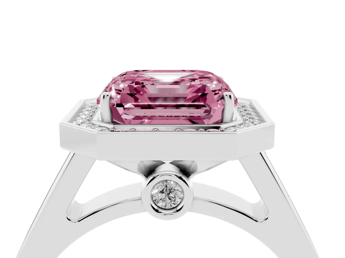 Fancy Pink Asscher Cut Halo Solitaire Diamond Ring with Pave Band and Bezel Setting Silver