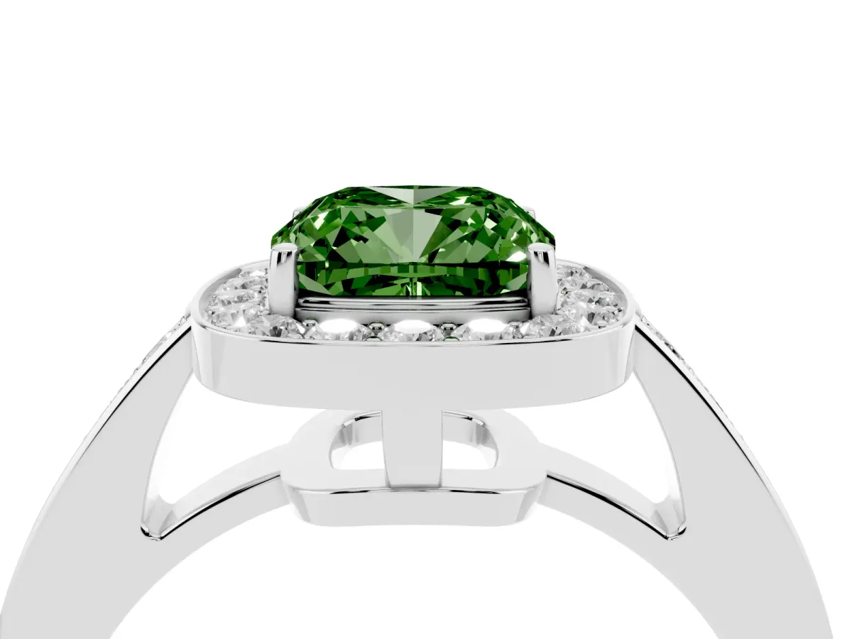 Fancy Green Cushion Cut Halo Pavé Diamond Engagement Ring with Bezel Setting Silver