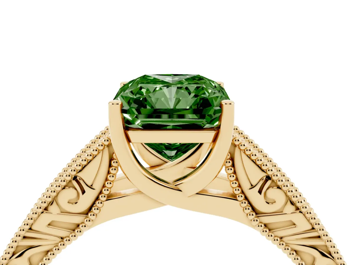 Fancy Green Radiant Cut Diamond Solitaire Ring with Engraved Band and Four-Prong Setting Yellow gold