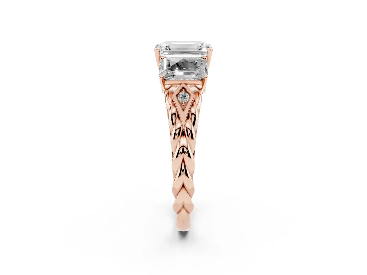 Three-Stone Radiant Cut Diamond Braided Band Ring with Four-Prong Setting Rose gold