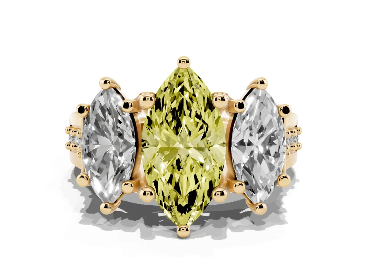 Fancy Yellow Marquise Cut Diamond Three-Stone Ring with Channel Set Band and Four-Prong Setting Yellow gold