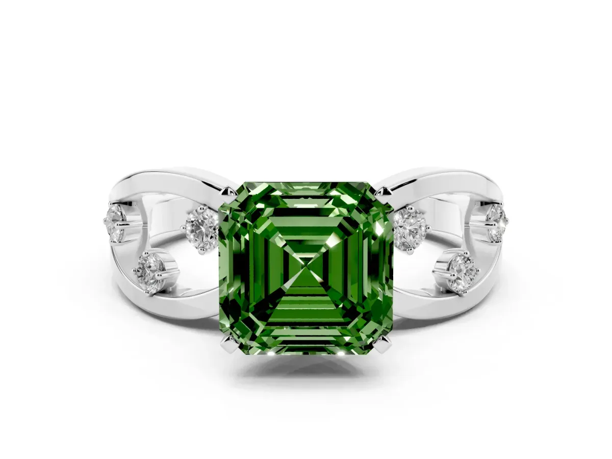 Fancy Green Asscher Cut Cut Solitaire Diamond with Side Stones on Criss-Cross Band and Four-Prong Setting Silver