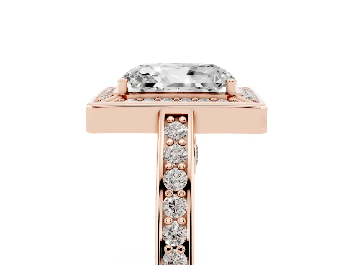 Radiant Cut Cut Halo Pave Split Shank Prong Setting Ring Rose gold