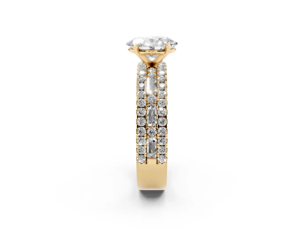 Oval Cut Diamond Solitaire Ring with Pavé and Channel Set Band Yellow gold