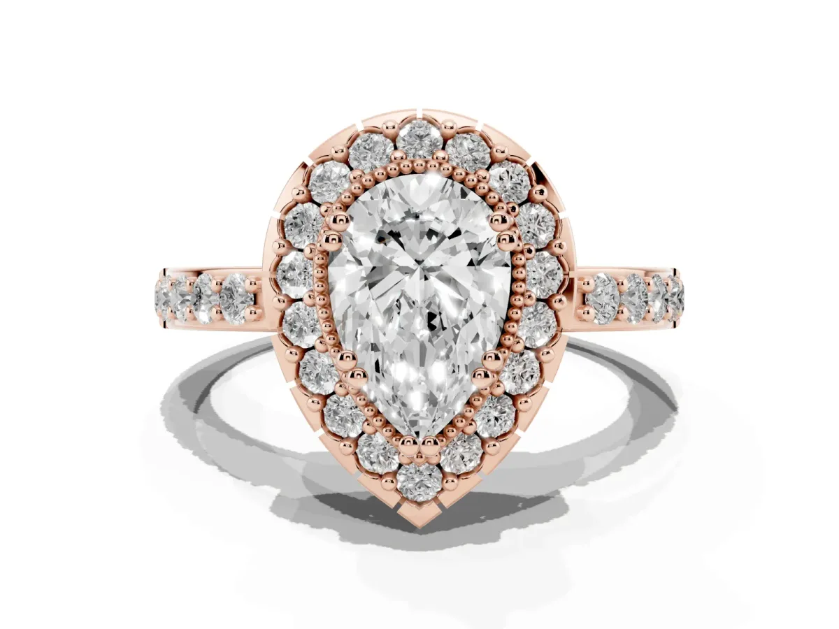 Pear Cut Diamond Halo Ring with Pavé Band and Prong Setting Rose gold