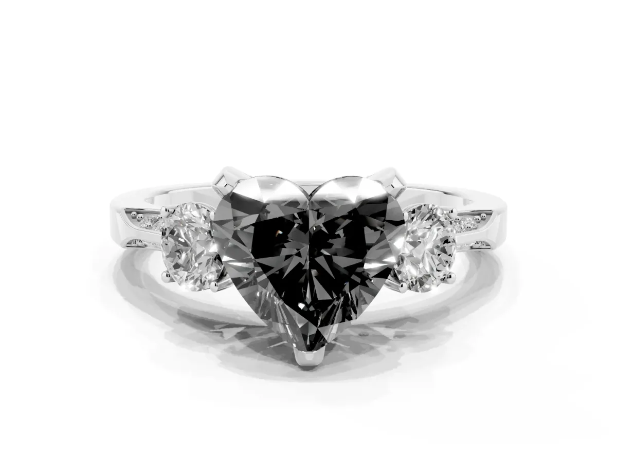 Fancy Black Heart Cut Brilliant Three-Stone Diamond Ring with Pavé Band and Four-Prong Setting Platinum
