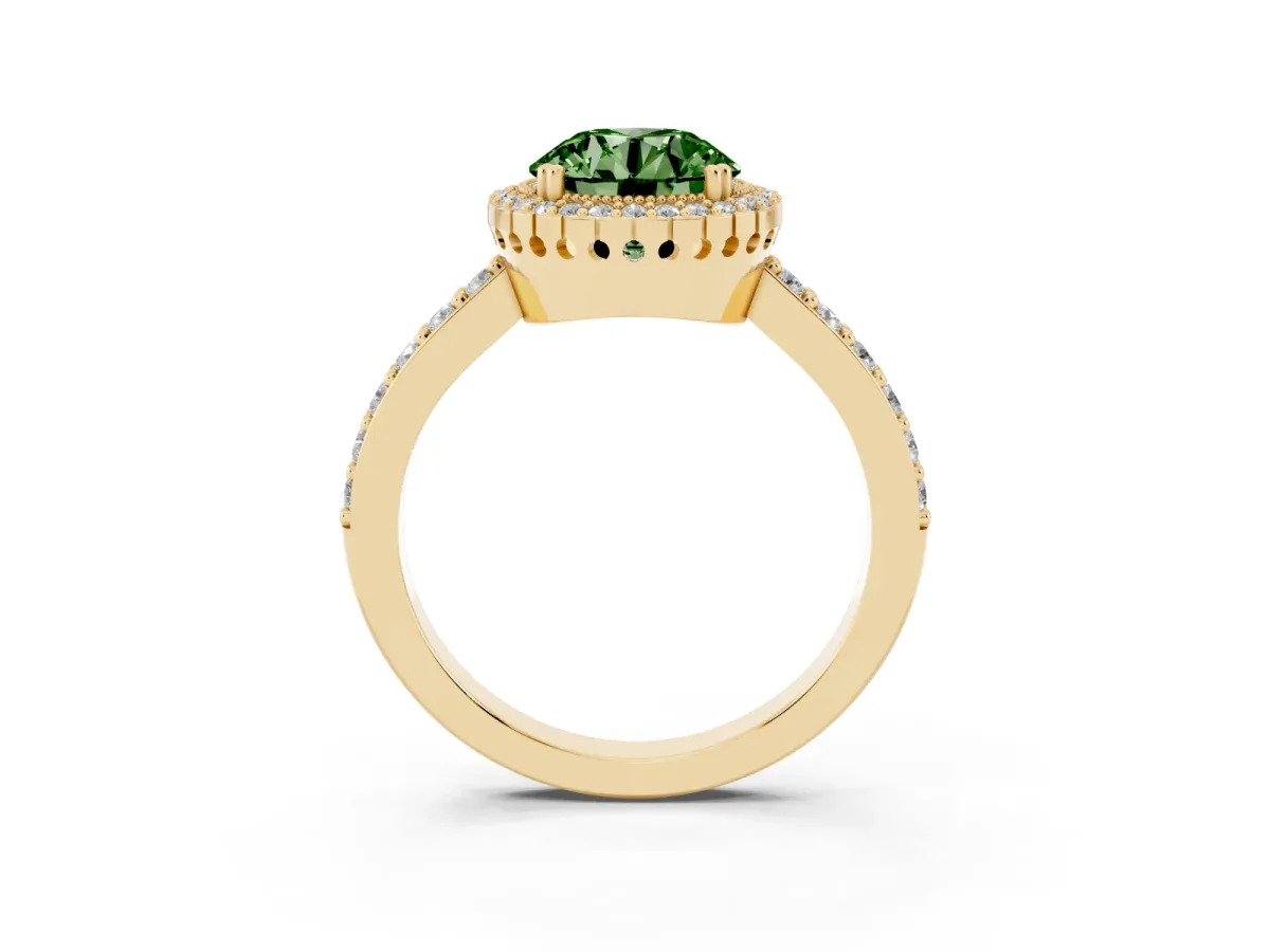 Fancy Green Round Cut Cut Diamond Halo Engagement Ring with Milgrain Detail and Pavé Band Yellow gold