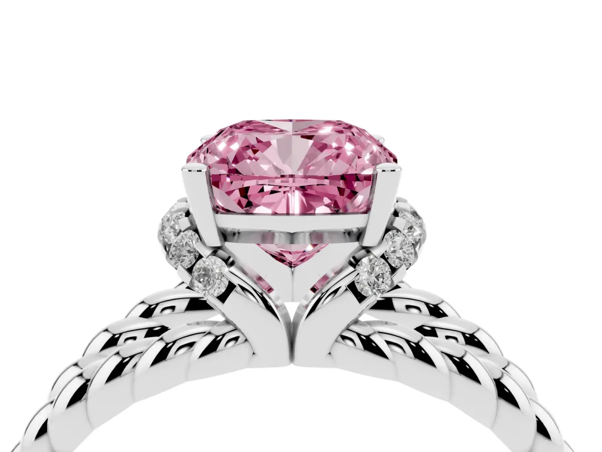 Fancy Pink Cushion Cut Halo Twisted Band Four-Prong Ring Silver