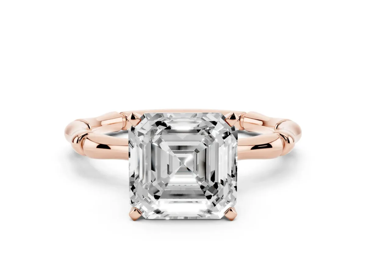 Asscher Cut Solitaire Diamond Ring with Bamboo Band and Four-Prong Setting Rose gold