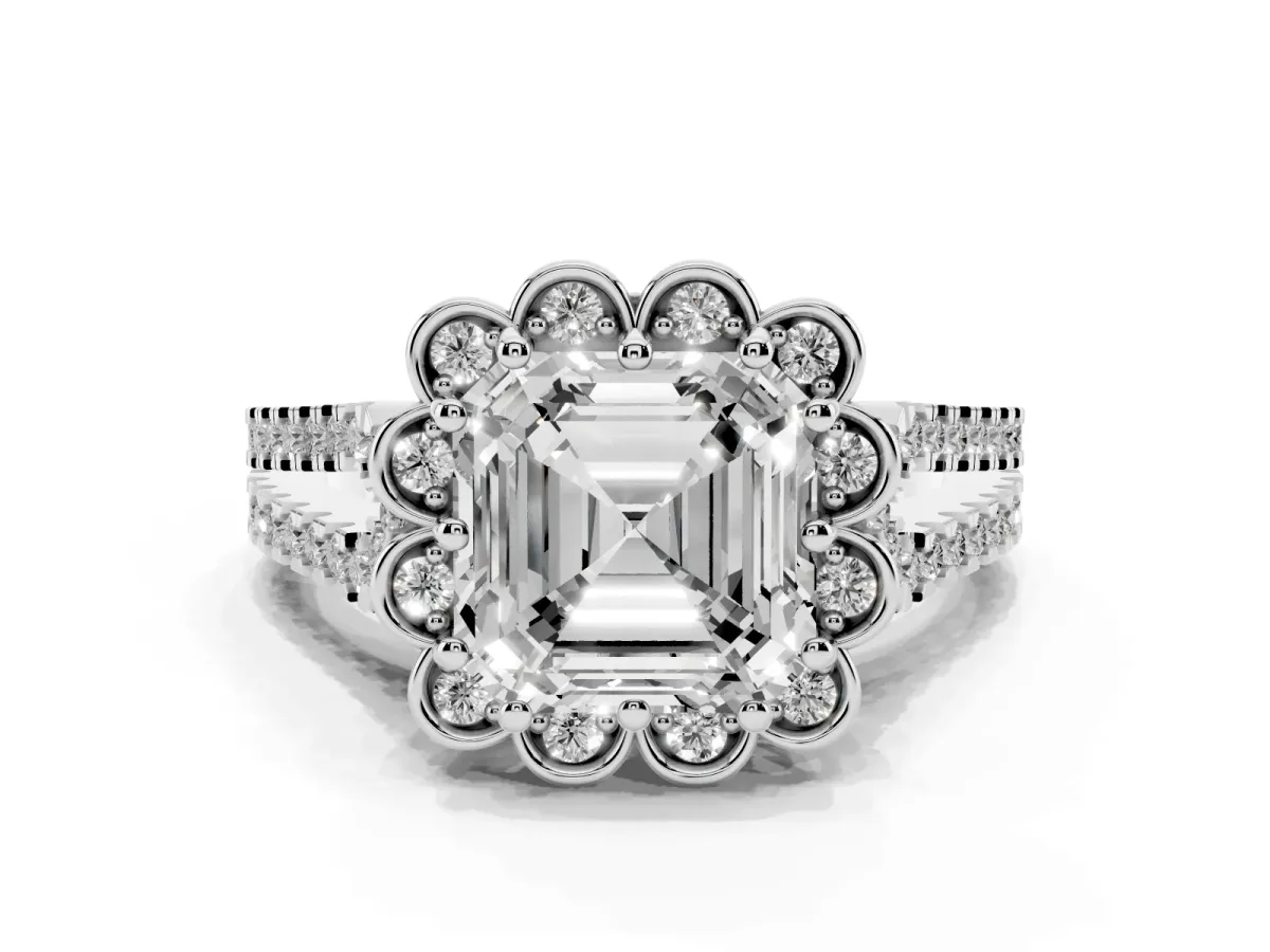 Asscher Cut Halo Diamond Floral Split Shank Engagement Ring Silver