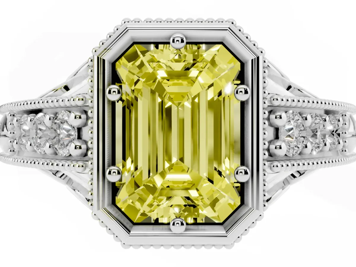 Fancy Yellow Bezel Set Emerald Cut Diamond Milgrain Pave Engagement Ring Silver
