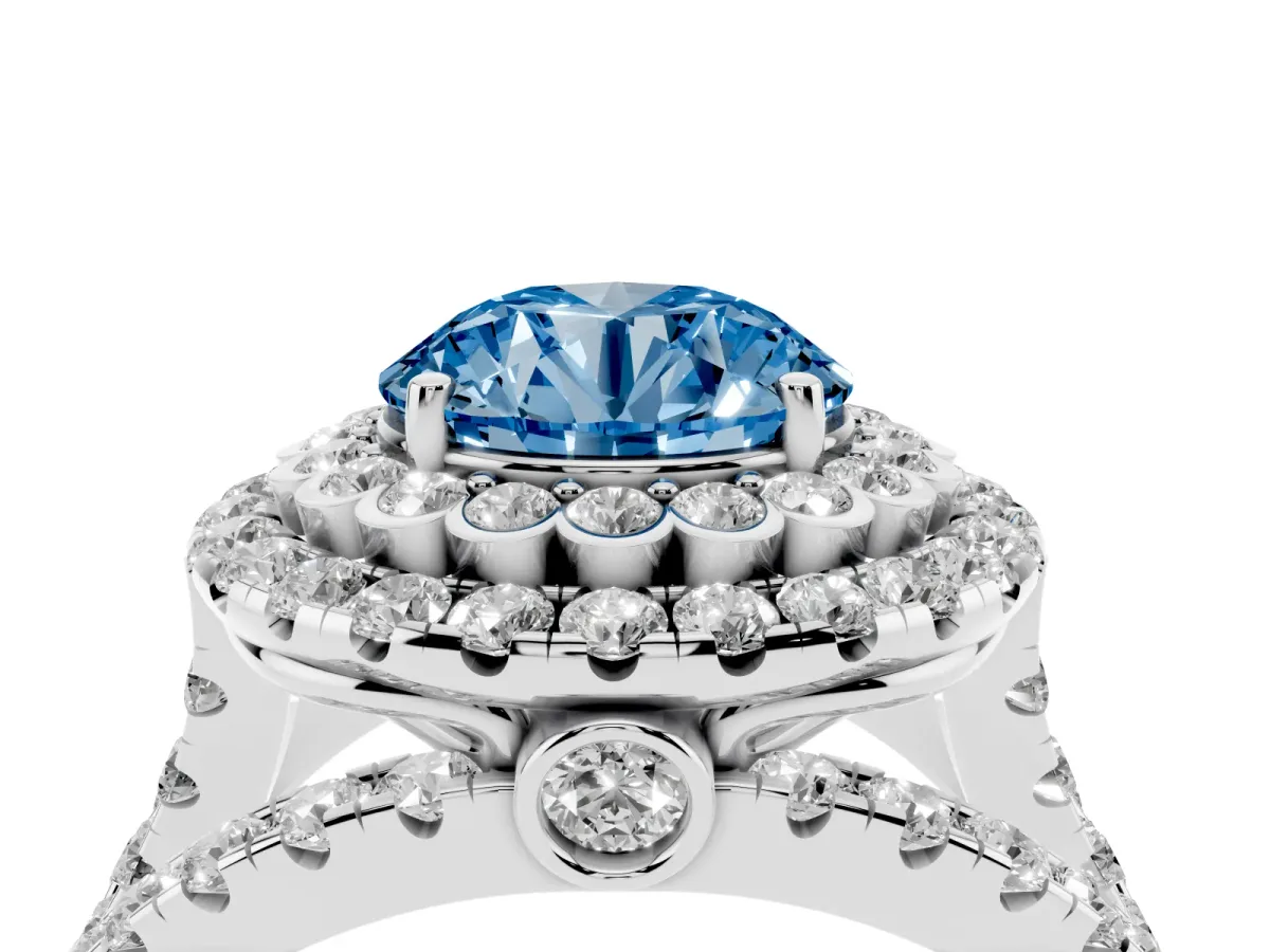 Fancy Blue Round Cut Diamond Double Halo Ring with Round Pavé Split Shank and Prong Setting Silver