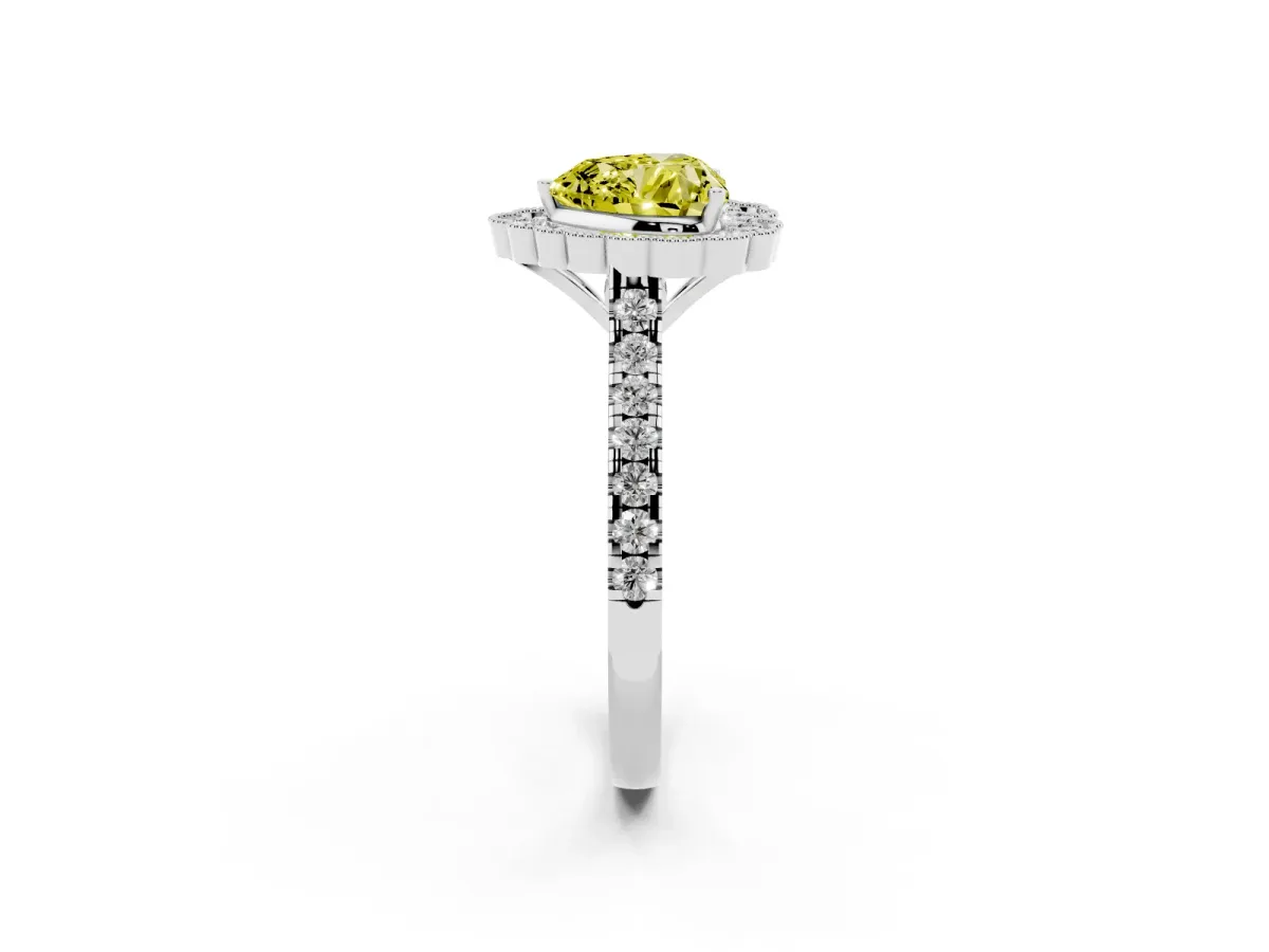 Fancy Yellow Heart Cut Cut Diamond Milgrain Floral Halo Engagement Ring with Pavé Band White gold