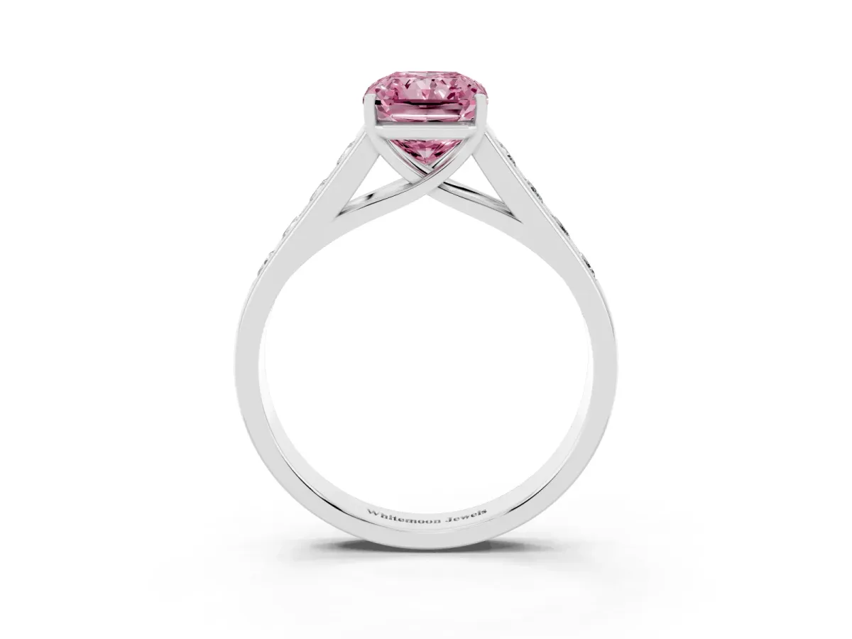 Fancy Pink Radiant Cut Solitaire Channel-Set Diamond Engagement Ring with Four-Prong Setting Silver
