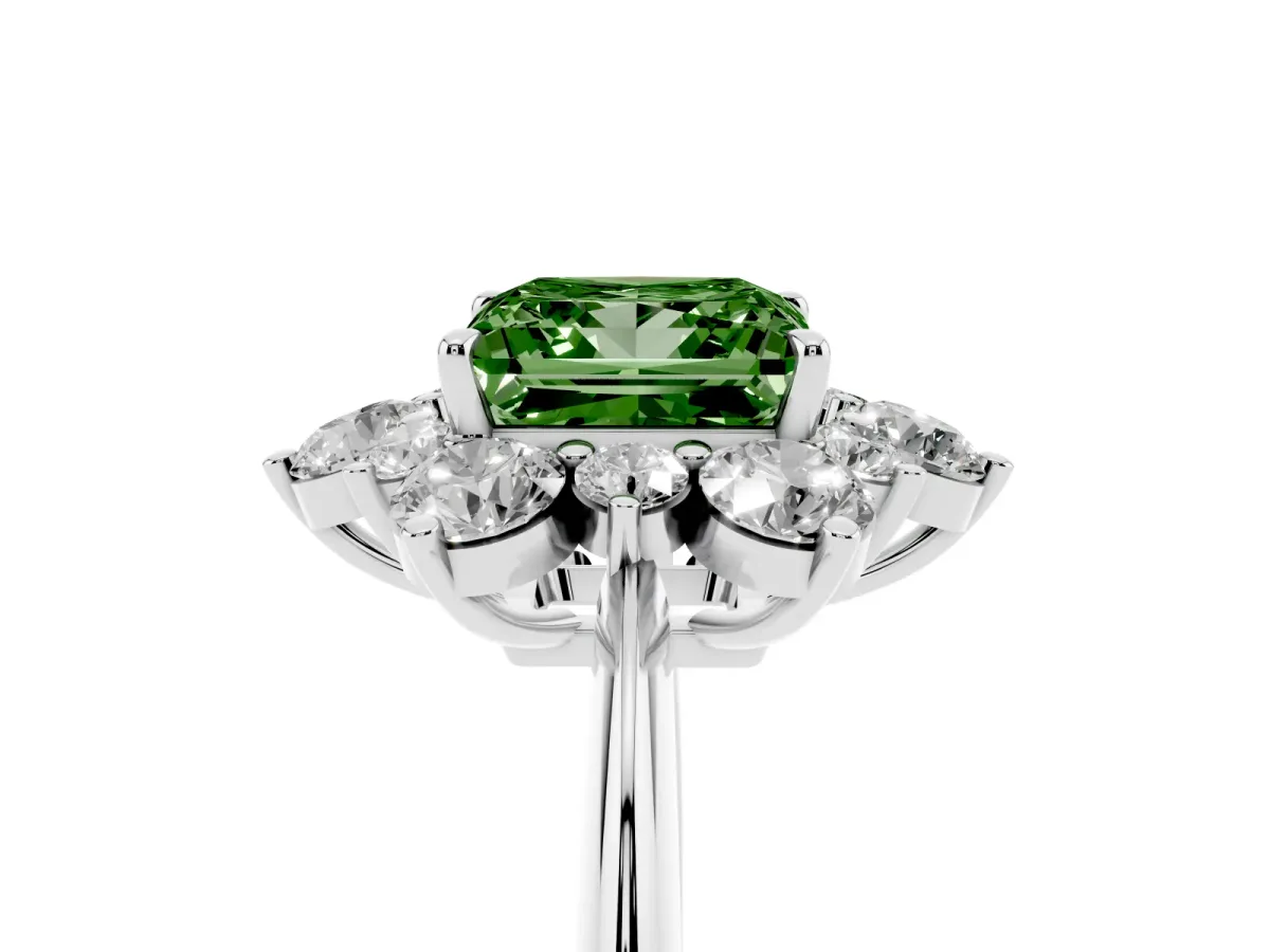 Fancy Green Princess Cut Diamond Cluster Halo Ring with Solitaire Band and Four-Prong Setting Platinum