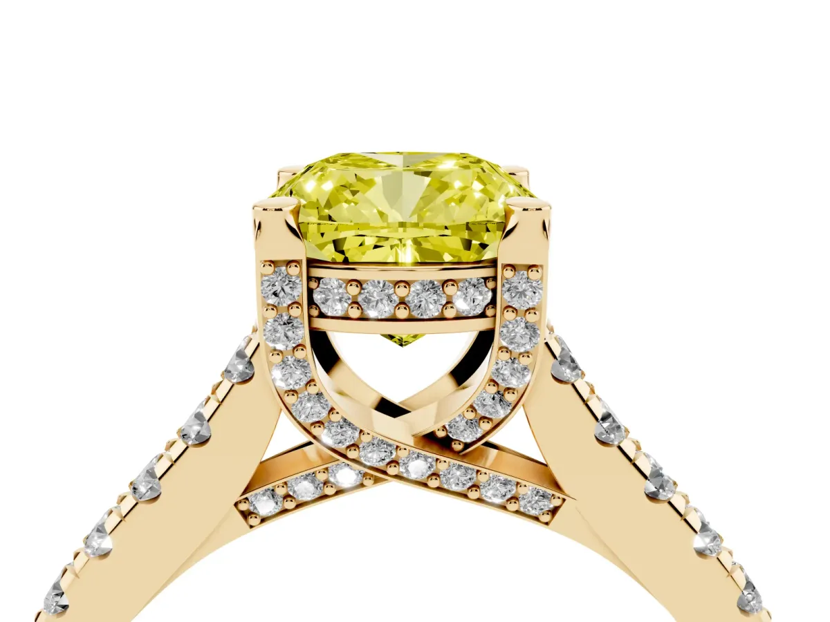 Fancy Yellow Cushion Cut Brilliant Diamond Solitaire with Pavé Band and Four-Prong Setting Yellow gold