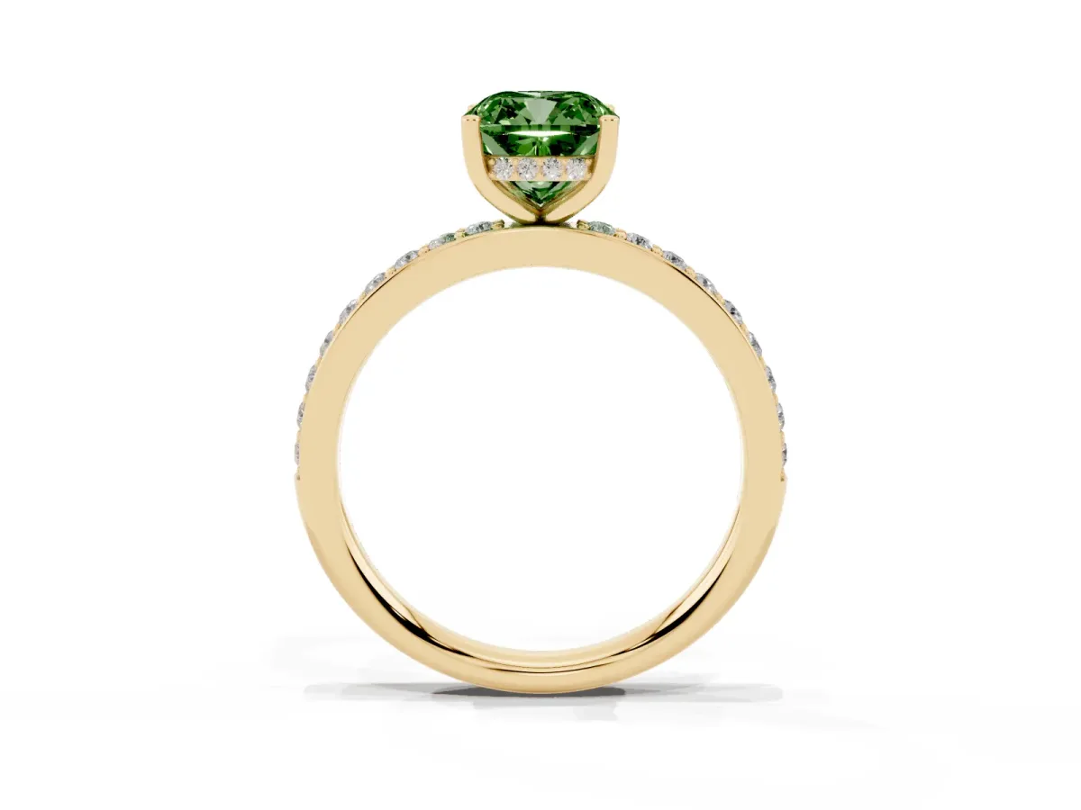 Fancy Green Cushion Cut Cut Diamond Pavé Band Ring with Four-Prong Setting Yellow gold