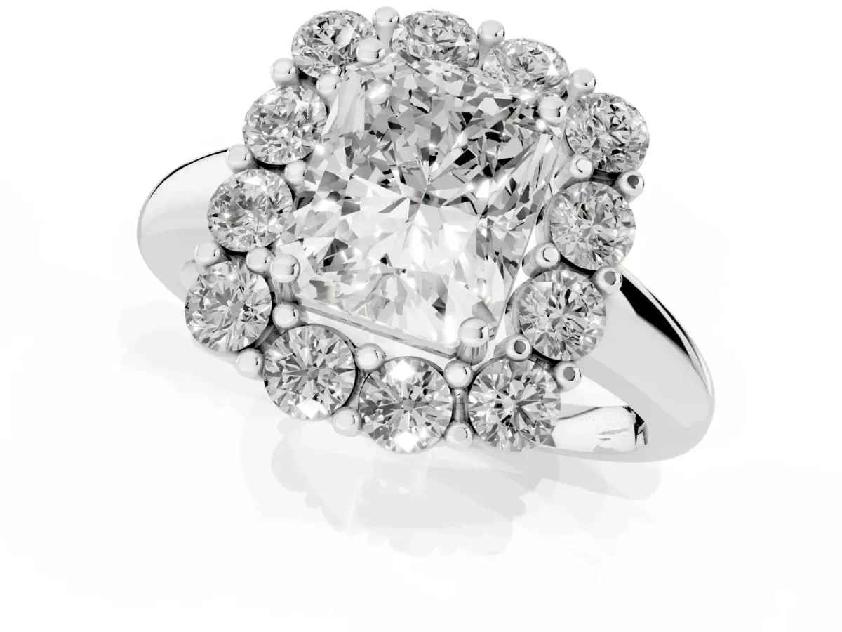 Radiant Cut Halo Cluster Diamond Engagement Ring with Prong Setting and Polished Band White gold