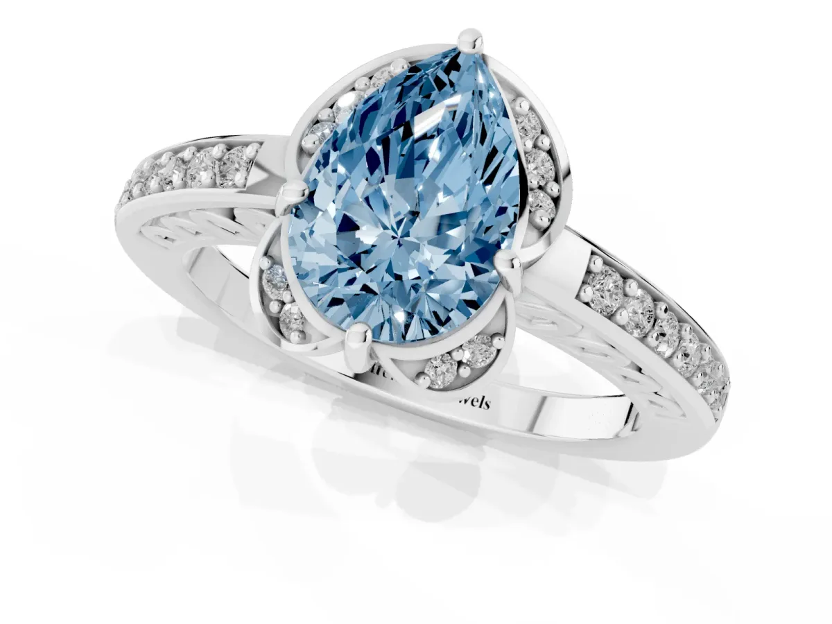 Fancy Blue Pear Cut Cut Halo Diamond Ring with Channel Set Band and Four-Prong Setting Silver