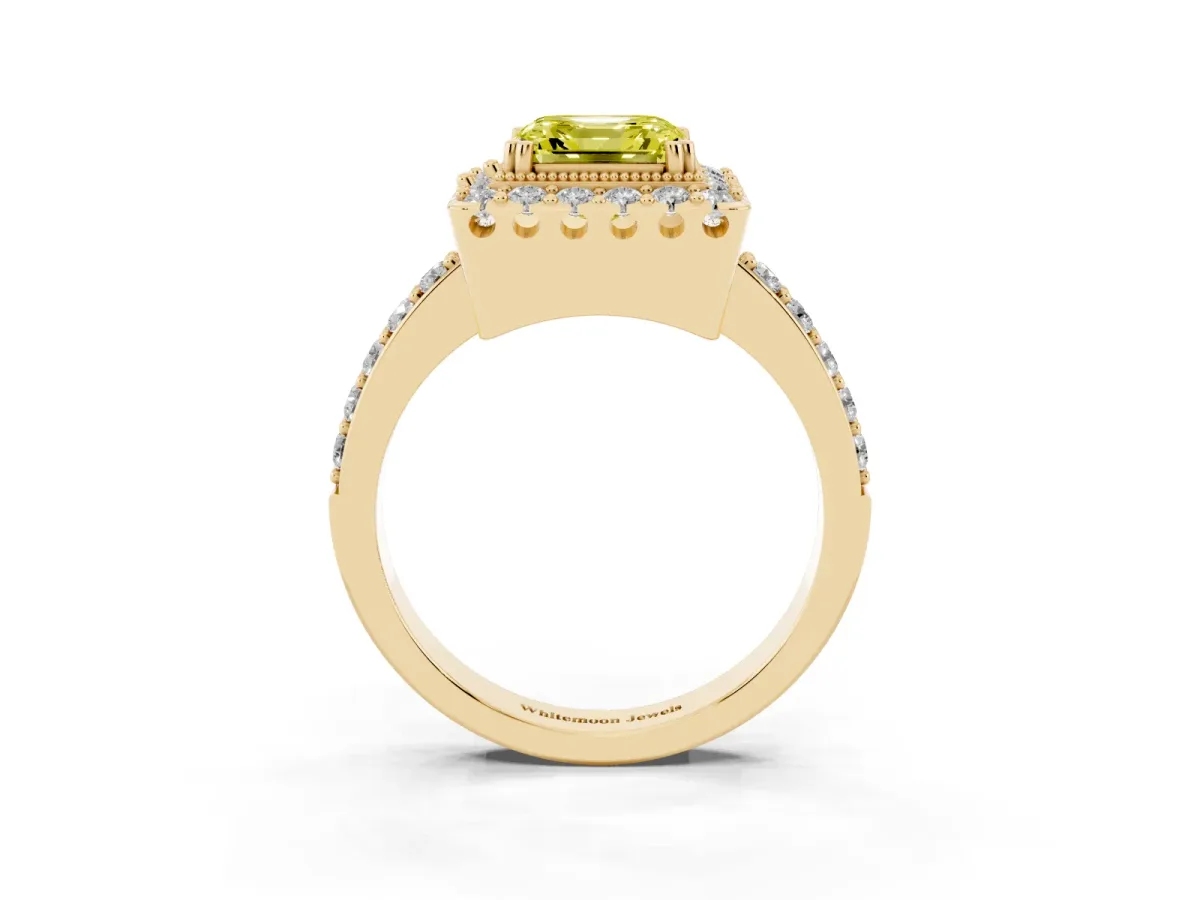 Fancy Yellow Asscher Cut Diamond Halo Ring with Pavé Band and Prong Setting Yellow gold