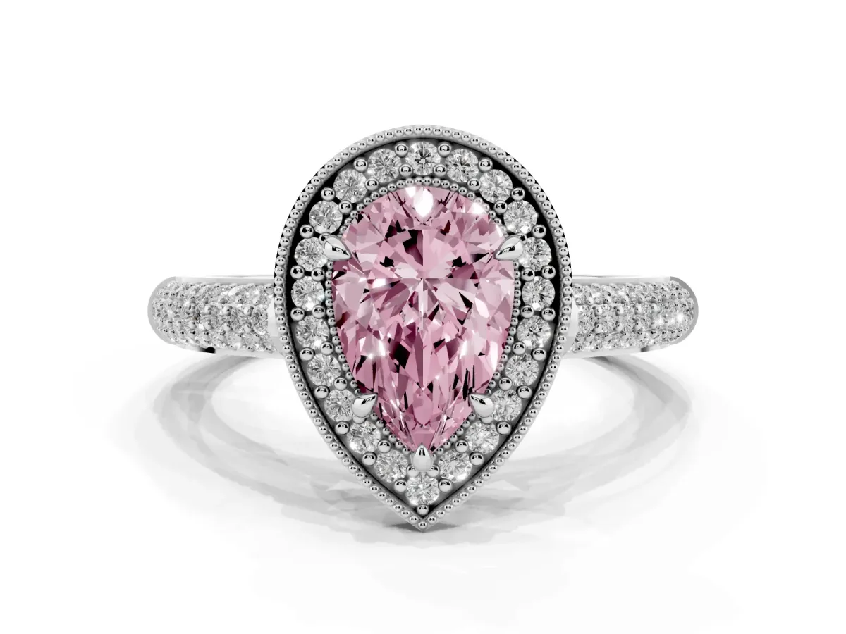 Fancy Pink Pear Cut Cut Halo Diamond Pave Band with Four-Prong Setting Platinum