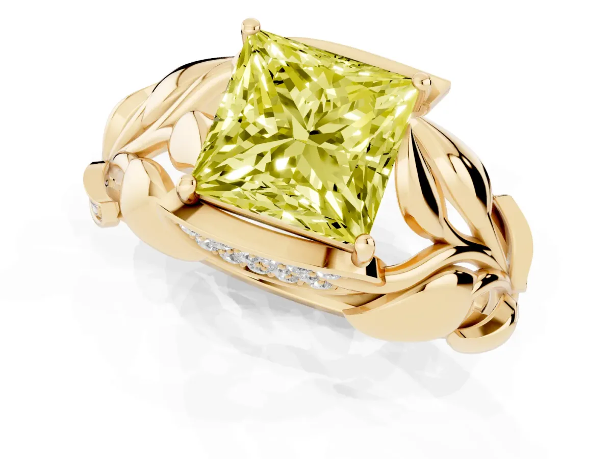 Fancy Yellow Princess Cut Diamond Leaf-Inspired Engagement Ring with Round Accents and Prong Setting Yellow gold