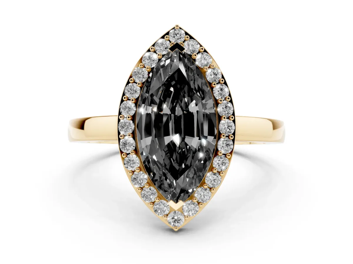 Fancy Black Marquise Cut Halo Diamond Ring with Solitaire Band and Prong Setting Yellow gold