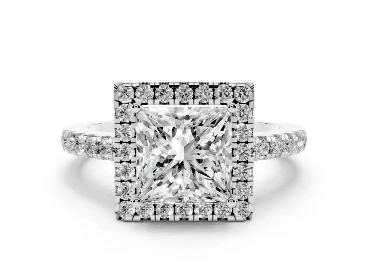 Princess Cut Halo Diamond Engagement Ring with Pavé Band and Four-Prong Setting White gold