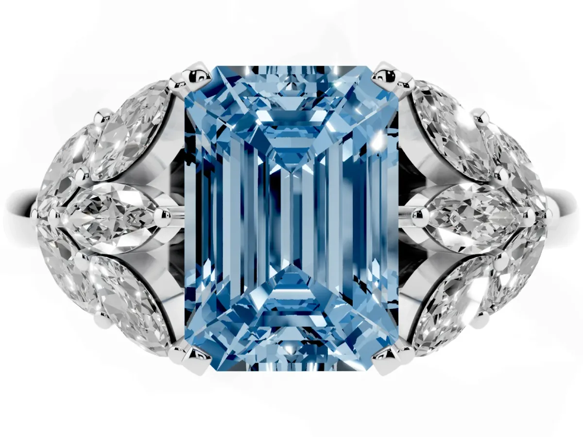 Fancy Blue Emerald Cut Diamond Cluster Leaf Design Ring with Prong Setting White gold